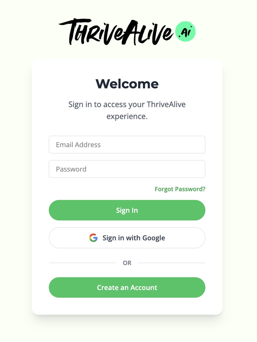 Welcome screen: email and password, Forgot Password, a Sign In button, Sign in with Google, and Create an Account beneath it.