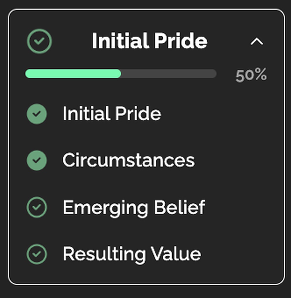 A section of the side navigation bar: the section name, a progress bar reading 50 per cent, and four steps beneath it, two ticked as done and two still to come.