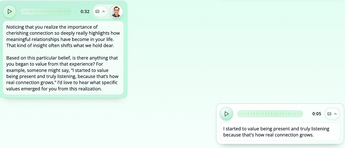 Voice messages on both sides of the conversation, each with its transcript opened.