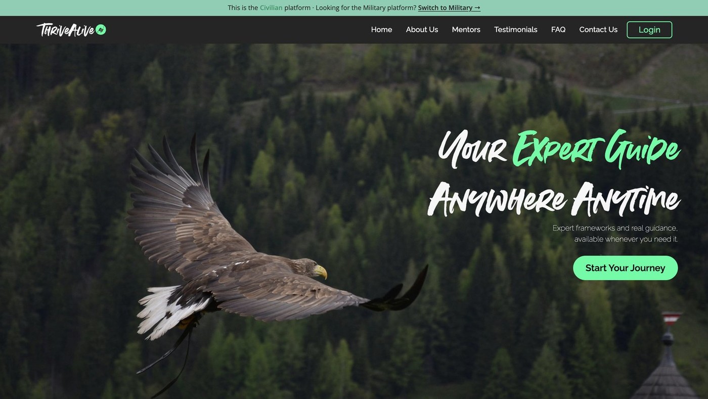 The civilian landing page hero: an eagle in flight, the headline Your Expert Guide Anywhere, Anytime, and a Start Your Journey button, with a switch bar pinned above it.