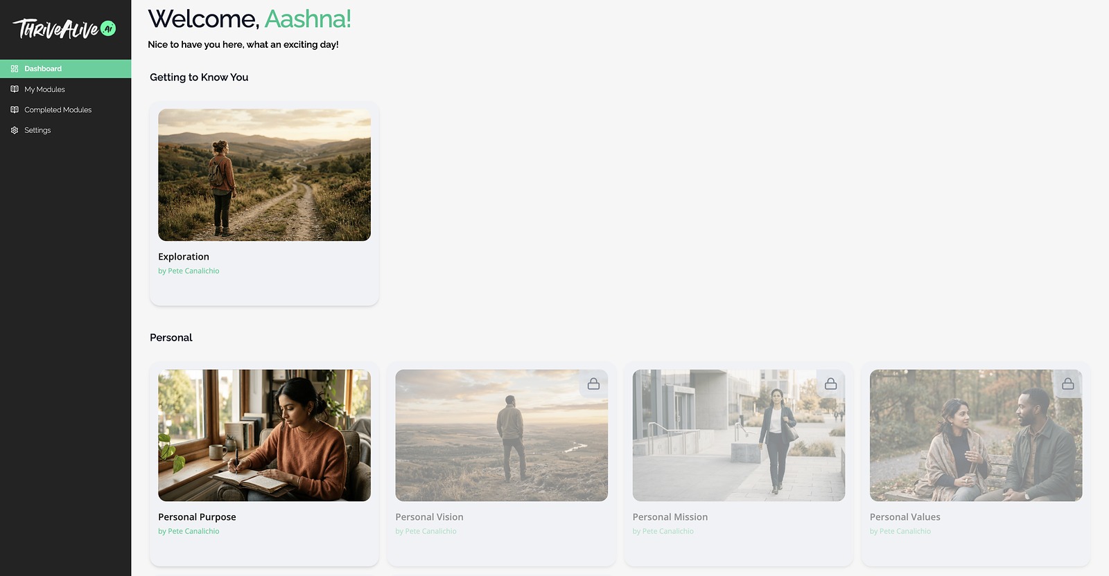 The ThriveAlive.Ai dashboard: a free Exploration module, then a Personal row where one module is open and three are locked.