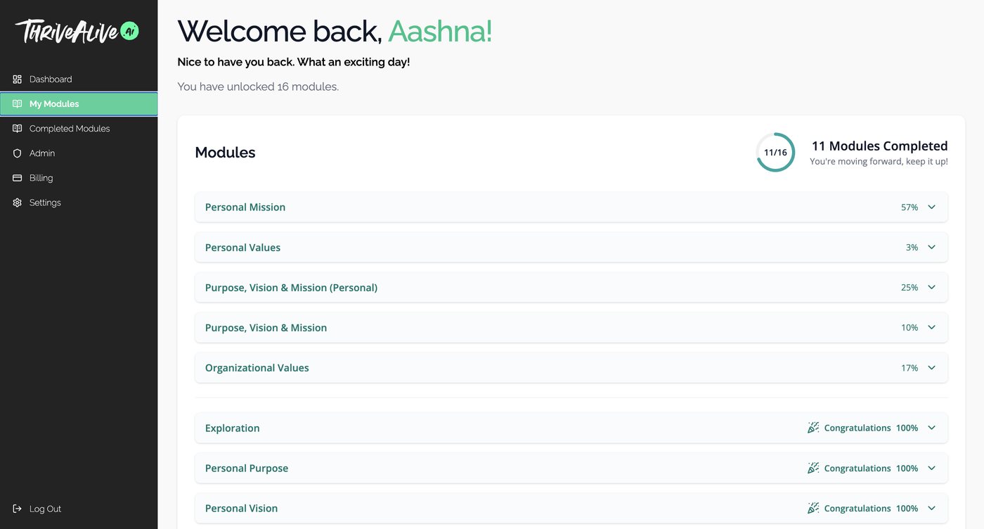 My Modules page listing every unlocked module with a completion percentage