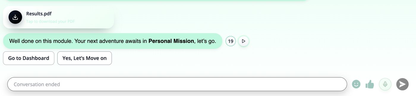 End of a module: a Results.pdf download, the next module suggested with a countdown, and buttons to continue or return to the dashboard