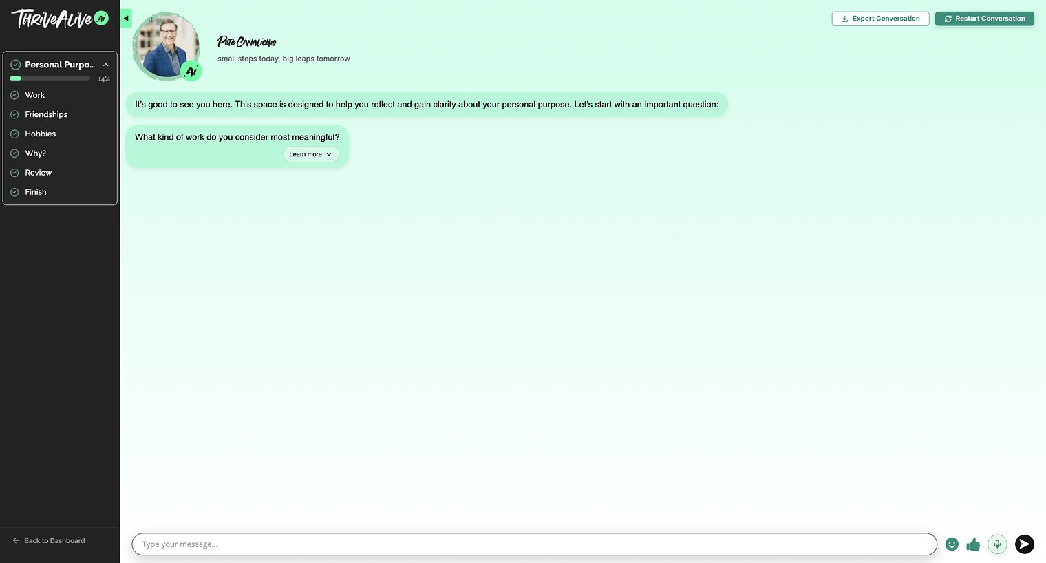 The start of a guided session: the side navigation bar listing the module's steps with 14 percent complete, the mentor's name and photo above the conversation, a first question with a Learn more control, and the message bar.