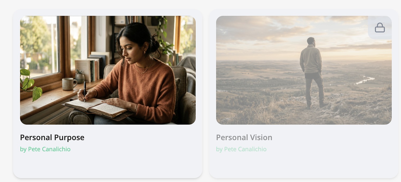 Four module cards: two unlocked in full colour with dark titles, two locked with faded imagery, greyed titles and a padlock in the corner.