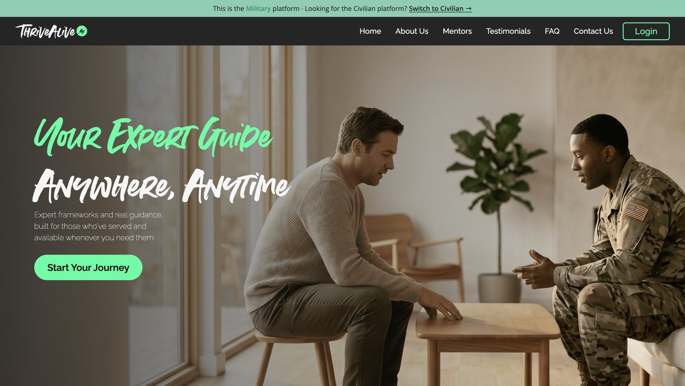 The military landing page hero: a veteran in conversation with an expert, and copy addressed to those who have served, with a switch bar pinned above it.