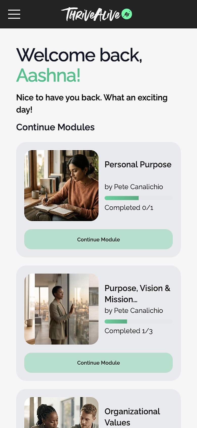 The dashboard on a phone: a hamburger in the header, and Continue Modules as horizontal cards showing image, mentor, progress and a Continue button.
