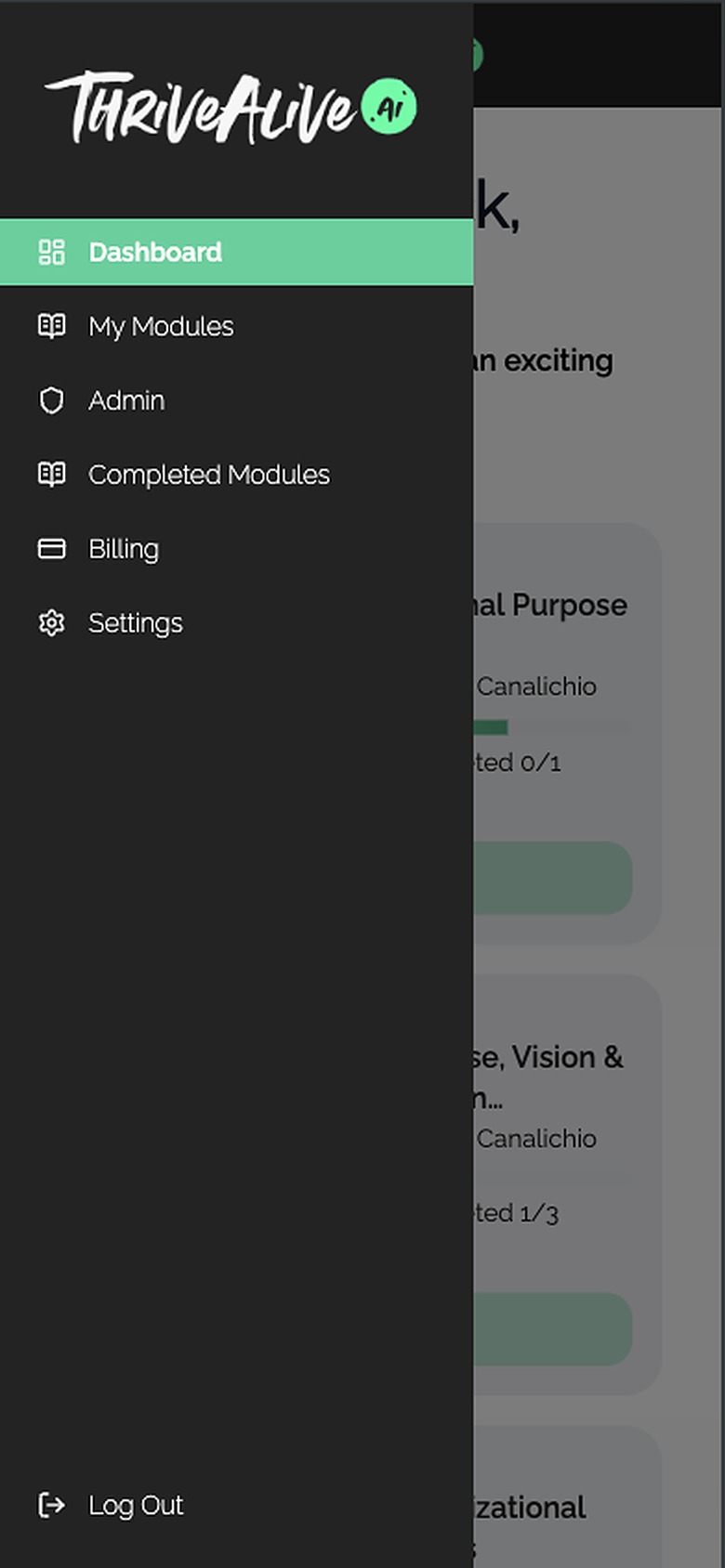 The navigation opened as a full drawer over the dimmed dashboard, listing Dashboard, My Modules, Admin, Completed Modules, Billing and Settings.