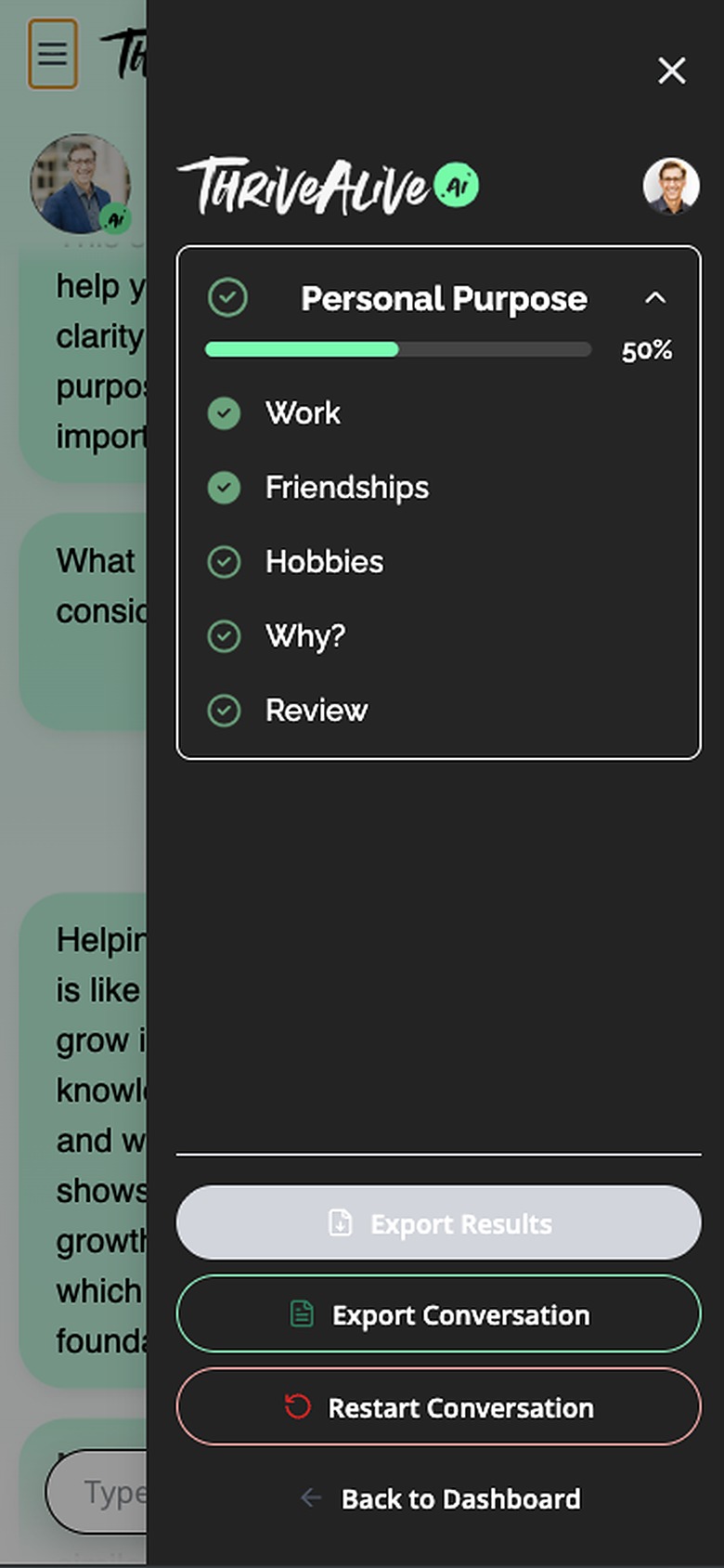 The session drawer opened on a phone, showing the module at 50 per cent with its five steps listed, and controls to export results, export the conversation, restart it, or return to the dashboard.