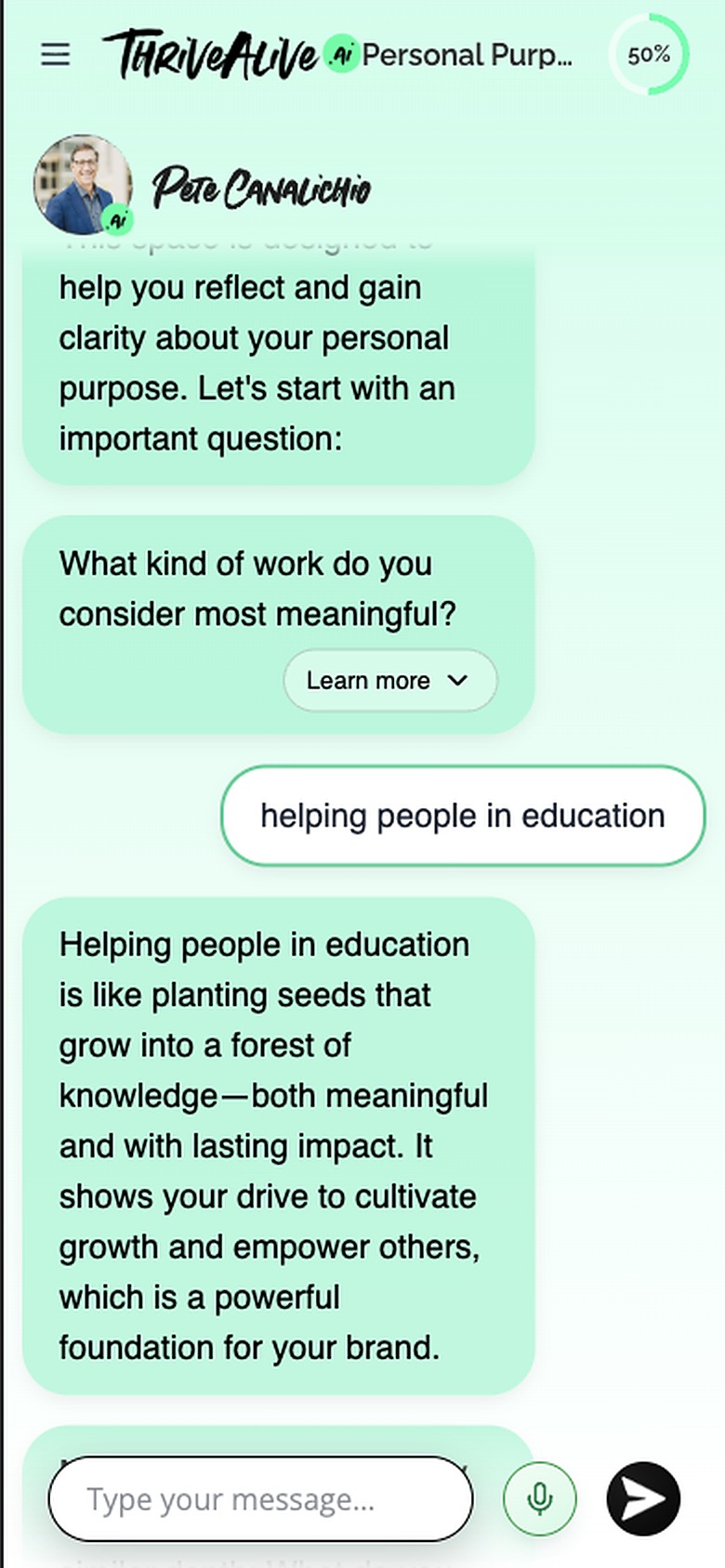 A session on a phone: the module name and a 50 per cent progress ring in the header, the conversation at full width, and the message bar with a mic control.